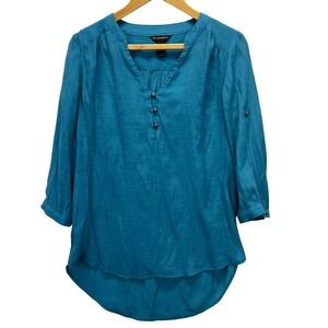 Bit & Bridle Teal Blue V-Neck Tunic Shirt Roll Tab Sleeve Women's Size S‎